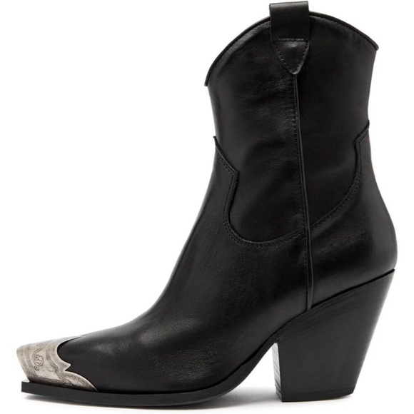 Women's Black Faux Leather Steel Toe Side Zipper Block Heel Western Ankle Boots